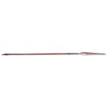 A Zulu short stabbing spear Assegai, 53" overall, with leaf shaped blade, iron wire bound tang,