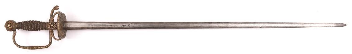 An early 18th century English smallsword with Shotley Bridge blade, blade 30½" bearing running