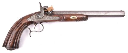 A Belgian 40 bore percussion target pistol, c 1860, lightly browned sighted rifled octagonal twist