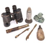 A pair of German binoculars, a 1918 shell head money box; a small Victorian 3 draw telescope; a horn