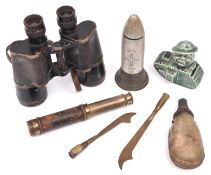 A pair of German binoculars, a 1918 shell head money box; a small Victorian 3 draw telescope; a horn