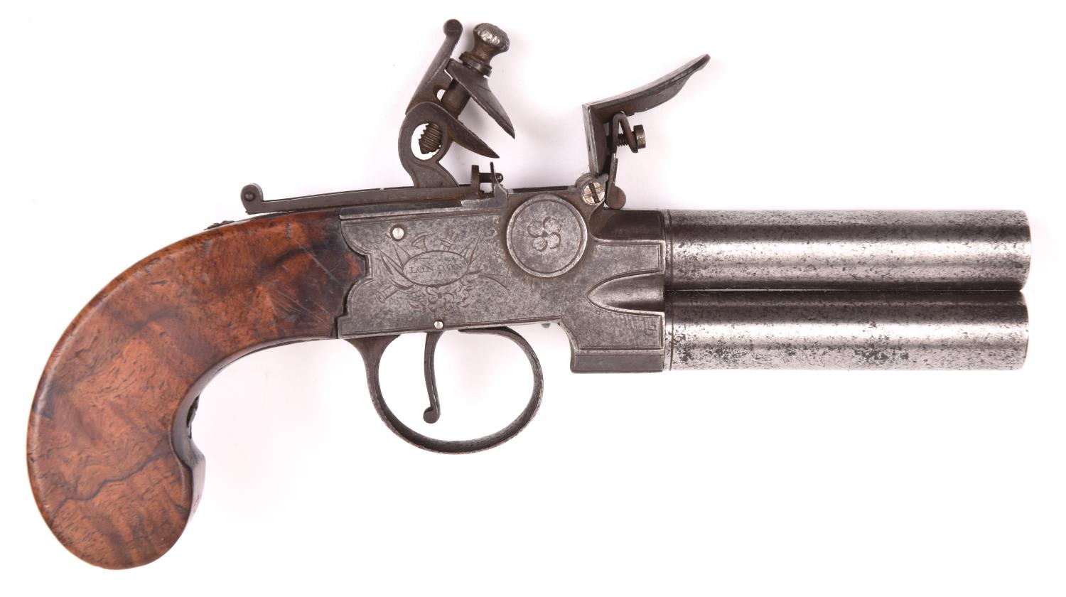 A 50 bore double barrelled over and under tap action flintlock boxlock pistol, by Nicholson, London,