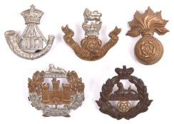 Five Vic or early Infantry cap badges: small Royal Fusiliers, East Lancashire Militia, pre 1900