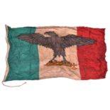 A large printed WWII fascist flag, red, white and green with eagle clutching fasces. GC (needs
