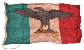 A large printed WWII fascist flag, red, white and green with eagle clutching fasces. GC (needs