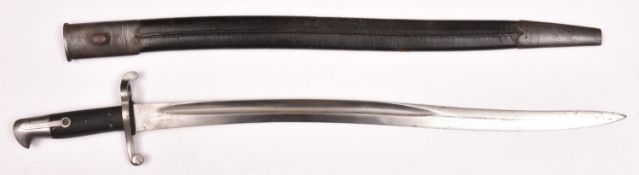 A P1856/58 Volunteer Enfield sword bayonet, totally unmarked, in its leather scabbard, GC, the