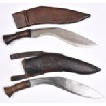 A military kukri, the blade stamped "HW45", with rivetted wood grips, in its leather covered sheath,
