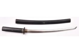 A modern wakizashi, in home made wooden handle and scabbard with metal embellishments. Old iron