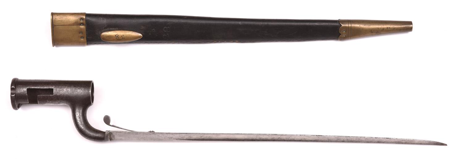 An 1840 pattern Constabulary bayonet, triangular section blade 13" with spring catch, in its brass - Image 2 of 2