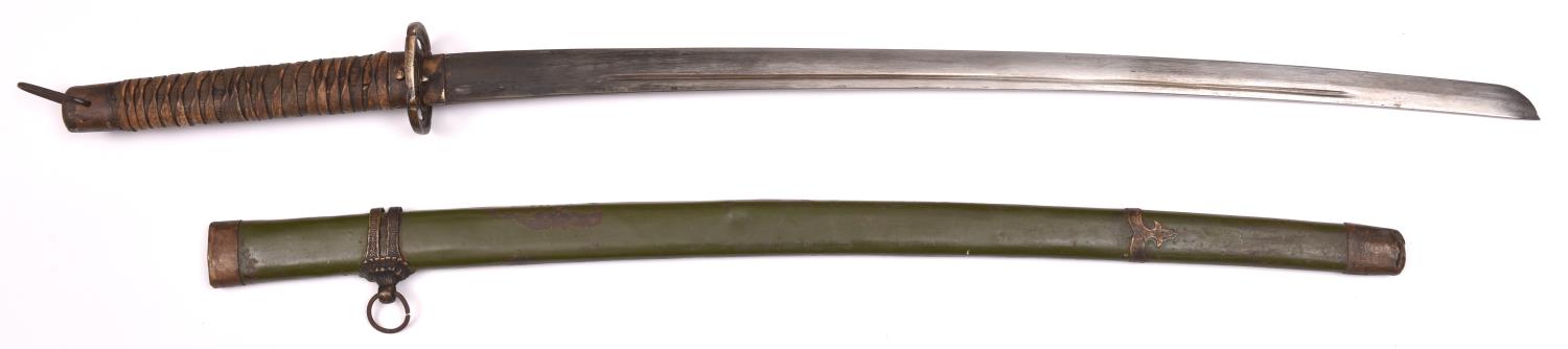 A WWII Japanese officer's sword, blade 27½", has Japanese markings, brass mounted hilt, in its brass - Image 2 of 4