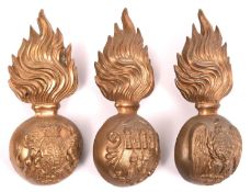 Three fur cap grenades: Vic Ryl Fusiliers, Ryl Irish Fusiliers, and Ryl Dublin Fusiliers. GC £60-100