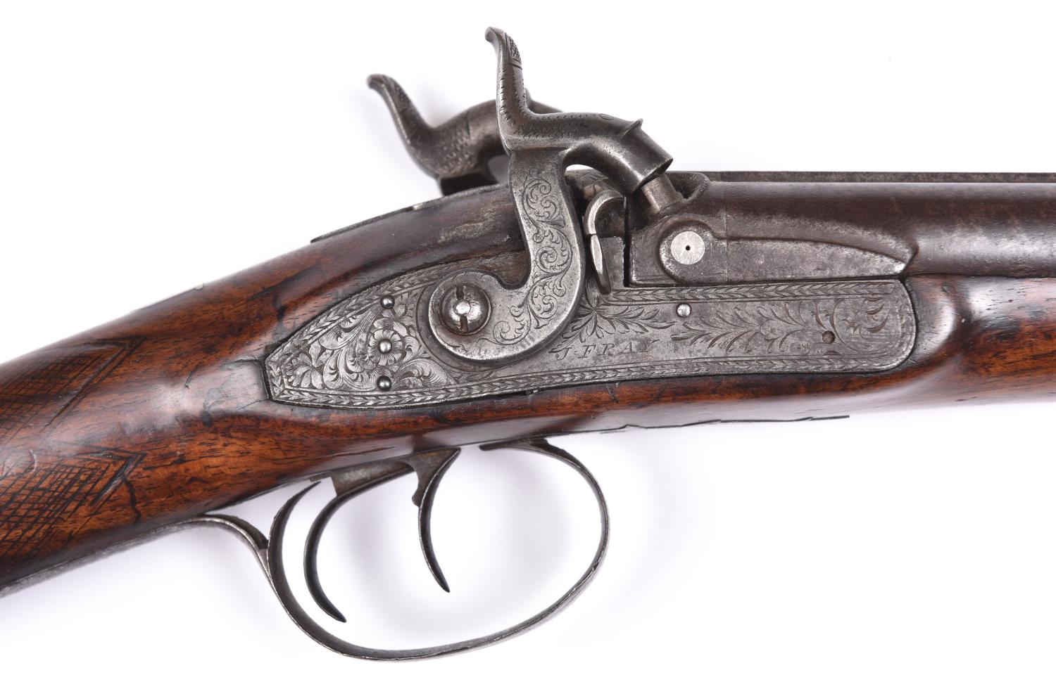 A DB 14 bore percussion coaching carbine, by John Fray of Leicester, c 1830, 37½" overall, barrels - Image 2 of 3