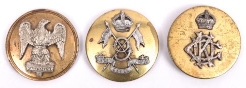 Three Cavalry ear bosses: KC King's Dragoon Guards, Ryl Scots Greys and KC 9th Lancers. GC £40-50