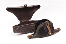 A post 1902 RN officers cocked hat, gilt bullion trim, in its japanned shaped case. GC (nap a little
