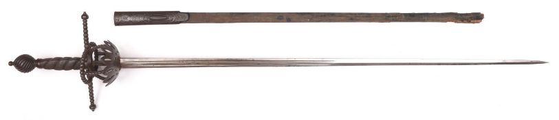 A Victorian reproduction rapier in the 17th century style, stout blade 32" with two deep fullers,
