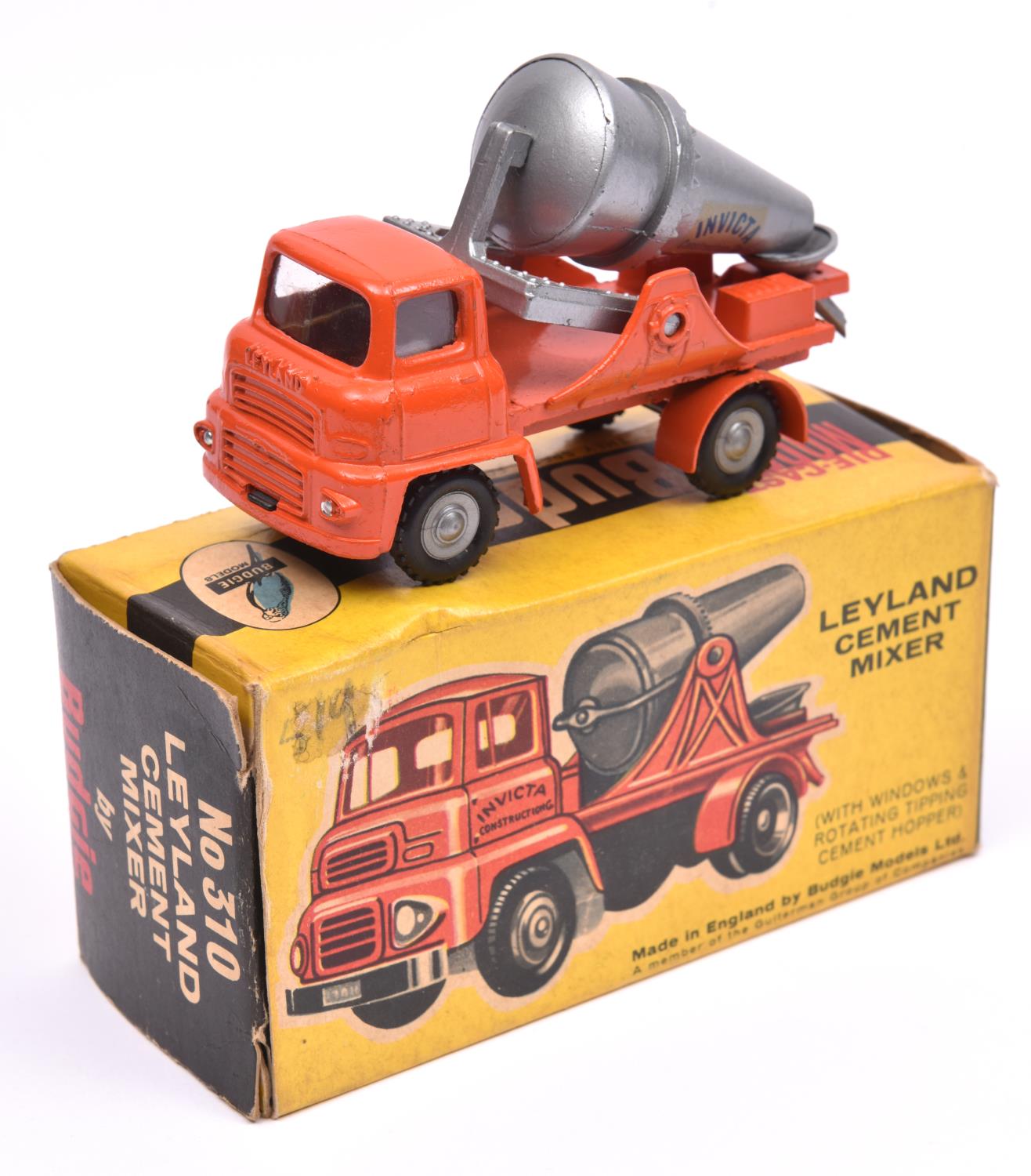 Budgie Toys Leyland Cement Mixer (310). In orange with silver rotating drum, 'Invicta' on drum, with