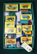 9x Matchbox Series. 1e; Mercedes Truck. 4d; Dodge Stake Truck with blue body and black plastic