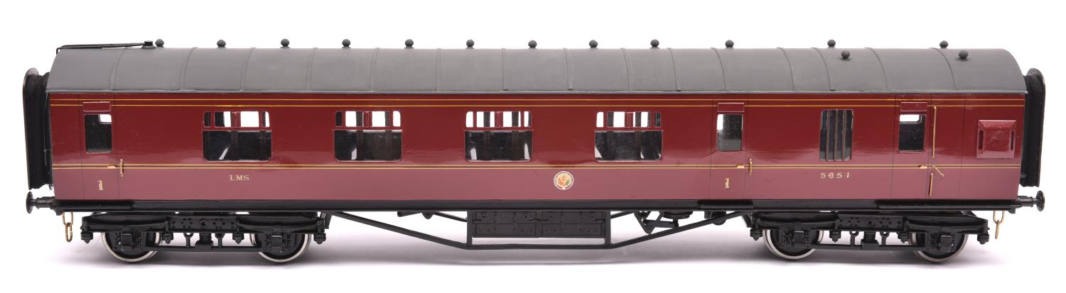 A Gauge One Tenmille Products kit built LMS Brake First corridor coach, 5051, in lined maroon