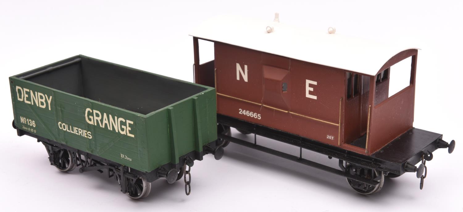 2x Gauge One kit built wagons. A NER Guard's van in brown and a private owners open wagon, Denby