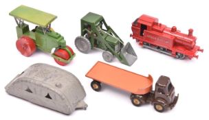 5 item by Benbros etc. A Benbros Tractor with cab, and shovel. In green with unpainted wheels and