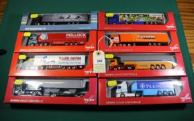 8 Herpa 1:87 scale Articulated Trucks. 3x MAN TGX tractor units, semi-trailers in Bautrans, MAN