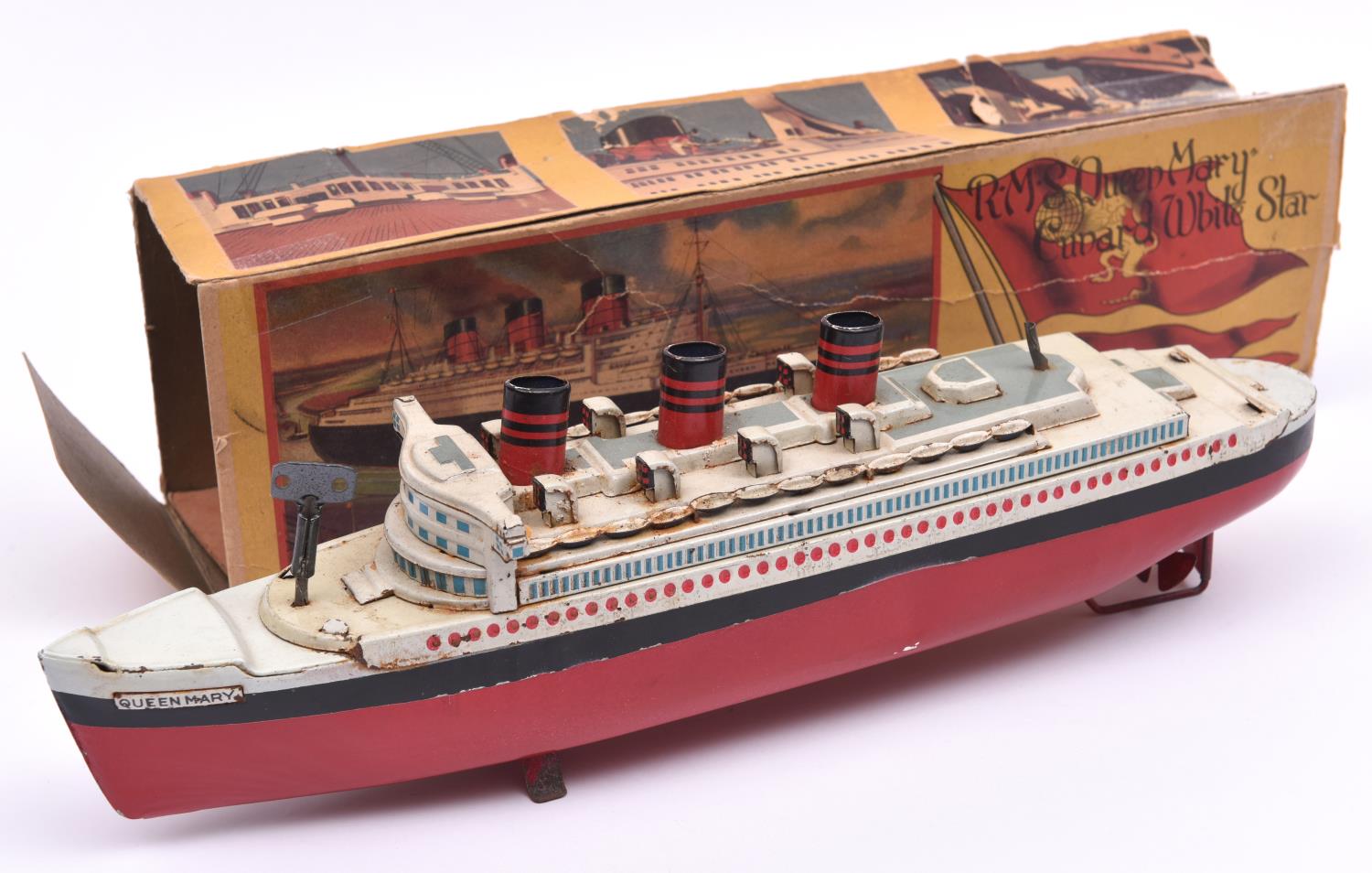 A Alps Toys Co., Japan 1950s clockwork tinplate ship, RMS Queen Mary. Approx 340mm long. Together - Image 2 of 2