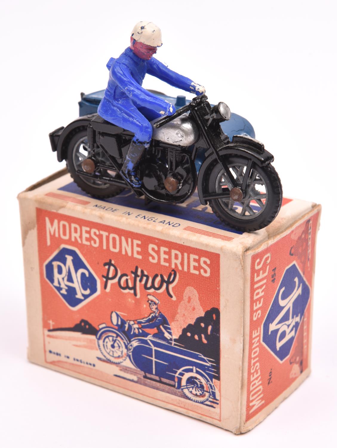 Morestone Series RAC Patrol. In black and mid blue livery, with opening box sidecar, complete with