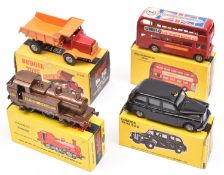 4 Budgie Toys. A Railway Engine (224) and example in dark metallic brown RN7118 with yellow