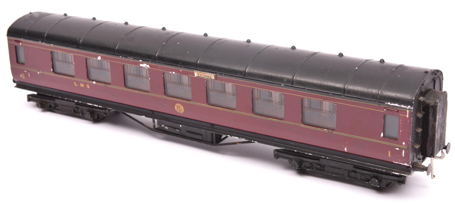 An Exley O gauge K5 LMS corridor coach. Composite in maroon livery. With Exley label to base. QGC,