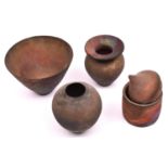 4x studio pottery items by Sussex potter, Judith Fisher. 2x vases, a bowl and a jar with lid. Raku