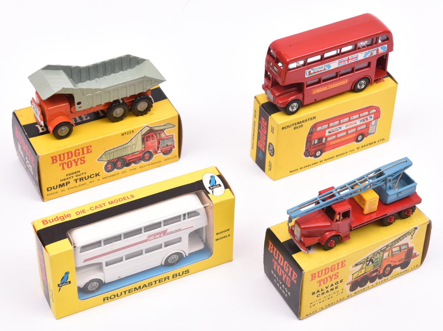 4 Budgie Toys. Foden Heavy Duty Dump Truck (226). In orange and grey livery. A Salvage Crane (214)