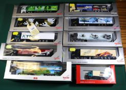 9 Herpa 1:87 scale Articulated Trucks. 3x MAN Tractor Units, semi-trailers in Hobel, Chantre and