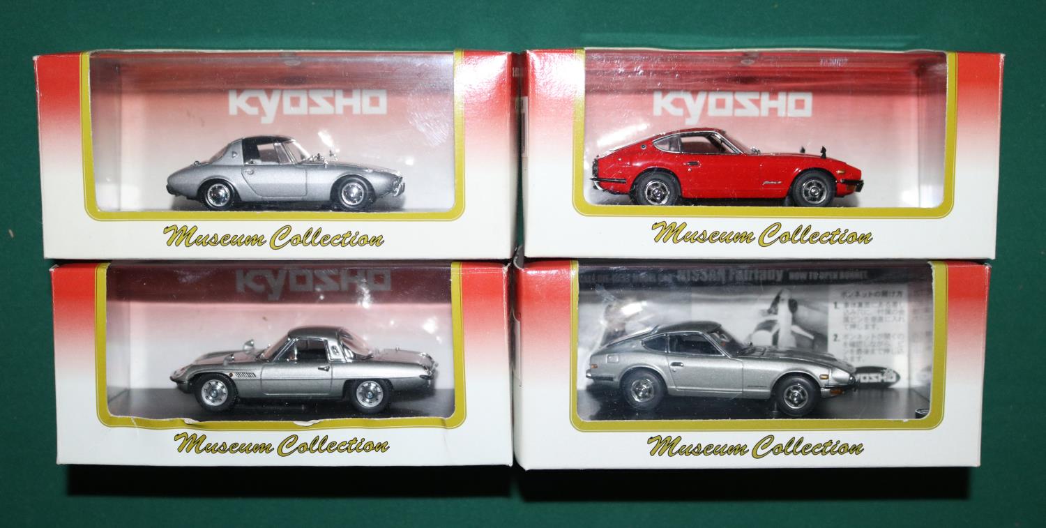 4x Kyosho 1:43 scale cars. Datsun 240Z. Nissan Fairlady Z-L. Mazda Cosmo Sport. Toyota Sports 800.