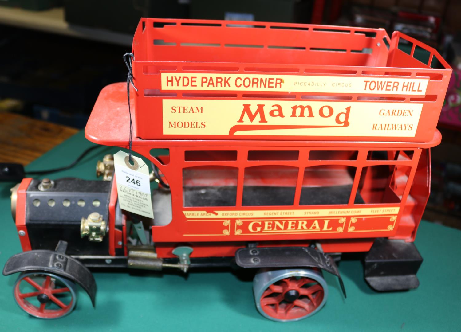 A Mamod live steam London General double deck bus. Single cylinder 'tablet' fueled engine. With some