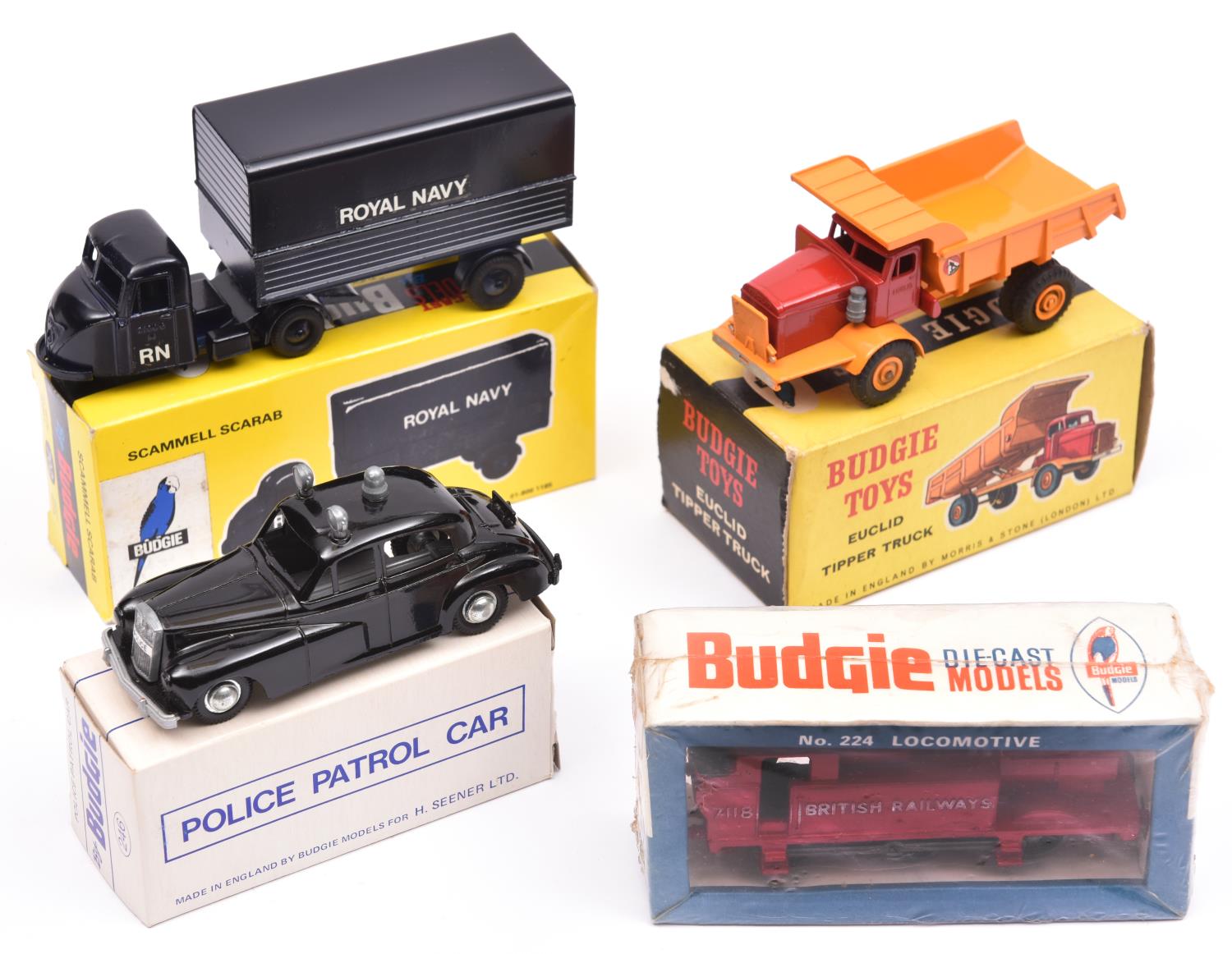 4 Budgie Toys. Euclid Tipper Truck (242). In orange and red livery. A Scammell Scarab (702) in