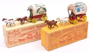 2 Benbros Qualitoy Buffalo Bill's Covered Wagons. One in red with yellow wheels, canvas tilt and