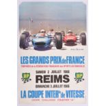 A rare original 1966 Motor Racing Poster. 'Les Grand Prix de FRANCE Samedi 2 Juillet REIMS