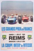 A rare original 1966 Motor Racing Poster. 'Les Grand Prix de FRANCE Samedi 2 Juillet REIMS