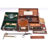 9x early 20th Century Scientific measuring instruments. Including; a Cased Clinometer. 3x cased