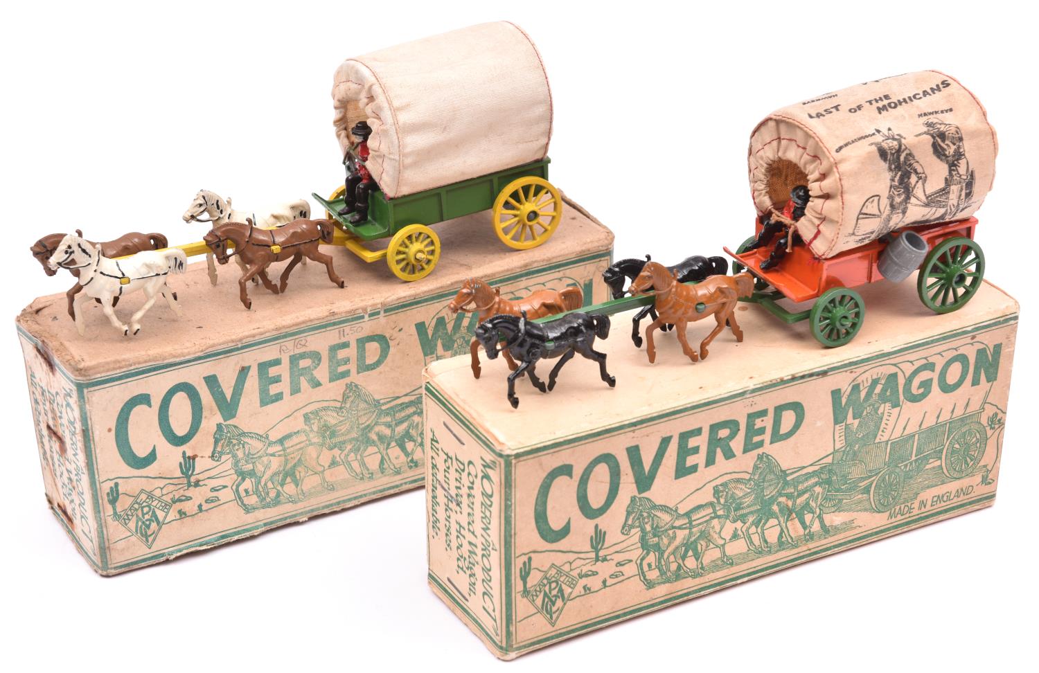 2 Modern Products Covered Wagons. One in green with yellow wheels, a plain canvas tilt, 4 horses and