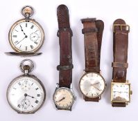 2x silver pocket watches and 3x early/mid 20th Century wrist watches, including a gold cased