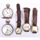 2x silver pocket watches and 3x early/mid 20th Century wrist watches, including a gold cased