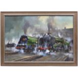 An oil painting on canvas by David Weston of three Southern Railway tender locomotives. A Battle