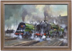 An oil painting on canvas by David Weston of three Southern Railway tender locomotives. A Battle
