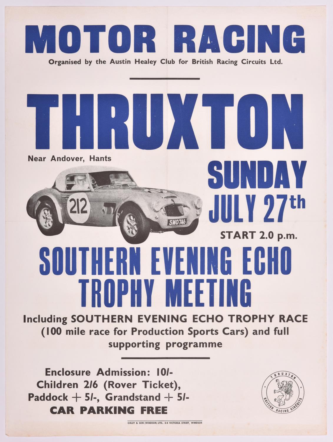 A rare original mid 1960's motor racing poster. 'Motor Racing THRUXTON Sunday July 27th Southern
