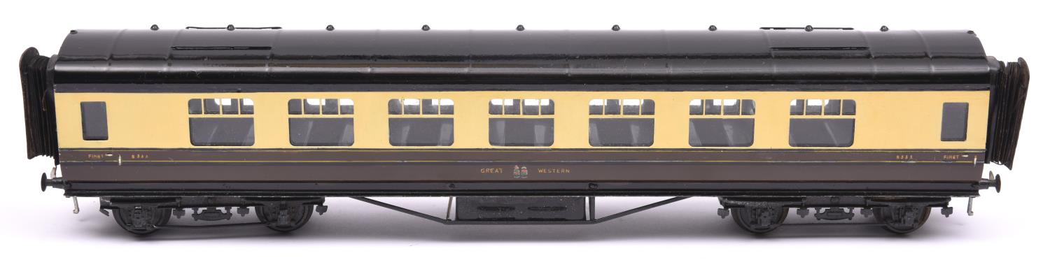 An Exley O gauge K6 GWR corridor coach. Full First in Chocolate and Cream livery. With Exley label