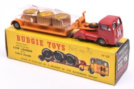 Budgie Toys Heavy-Duty Articulated Low Loader with Cable Drums (232). Seddon Tractor unit in red,