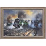 An oil painting on canvas by David Weston of four Southern Railway locomotives. 2x West Country