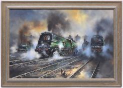 An oil painting on canvas by David Weston of four Southern Railway locomotives. 2x West Country