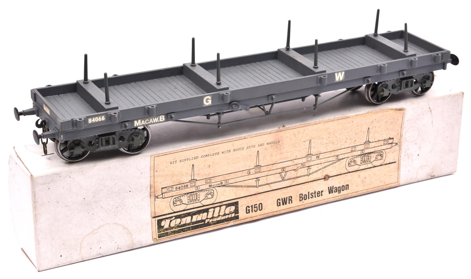 A Gauge One Tenmille Products kit built GWR bogie bolster wagon, 84066, in grey livery. A well